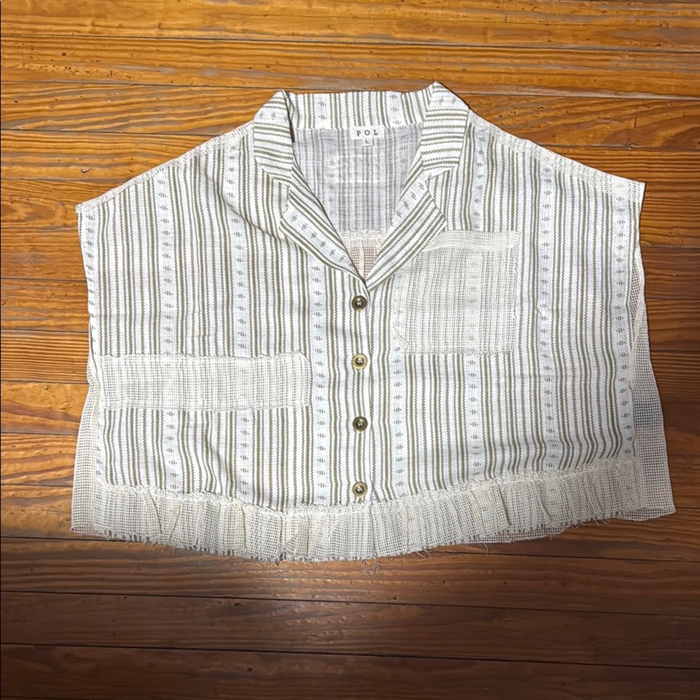 POL Beige and White Striped Collared Top